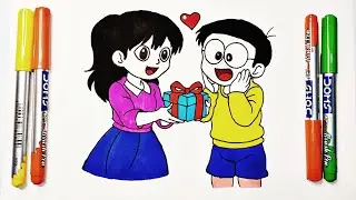 Shizuka Gifts Nobita 🎁 | Cute Doraemon Drawing | Easy Drawing for Kids 🥰