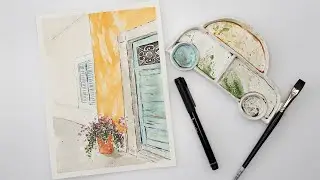 Watercolor old doors - ink and wash tutorial + FREE sketch