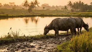 Water Buffalo Grazing in Asian Countryside | Nature Sounds (No Music) Rural Life