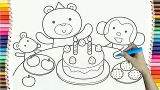 How to Drawing Birthday of Bear, Mouse, Monkey Colorful for Kids - Coloring Pages For Children
