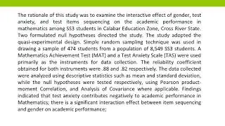Interactive Effect of Gender, Test Anxiety, and Test Items Sequencing on Academic Performance of SS3