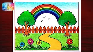 Beautiful Garden Drawing| Rainbow Drawing| Easy Garden Drawing| How To Draw Flower Garden