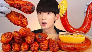 (SUB) ASMR красная курица колбаса колбаса с сырным соусом Mukbang едят звуки