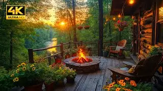 Magical Summer Sunset on Forest Cabin Porch Overlooking River | Relaxing Campfire and Nature Sounds