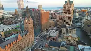 Milwaukee Downtown Aerial Beautiful Golden Hour 4K