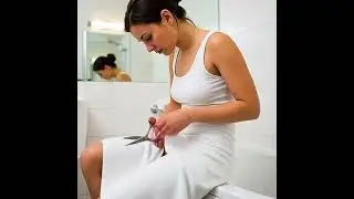 A women trimming her pubic hairs with scissors