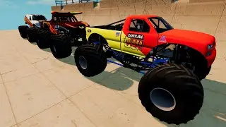 Monster Trucks vs High Mega Ramp Physics Test #024 - Realistic Speed Truck Crash in BeamNG Drive