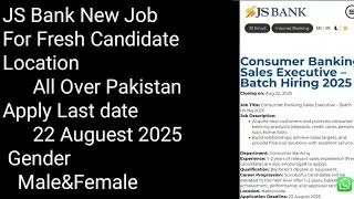 JS Bank Latest Jobs 2025 | Fresh Males & Females Apply Online All Over Pakistan