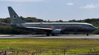 Delayed American Airlines B737-800 AstroJet Retro Livery departing V.C Bird International Airport