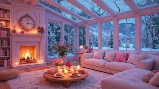 Winter Piano in Pink Living Room ❄️🔥 Fireplace Ambience & Snowy Night for Deep Sleep, Focus & Study