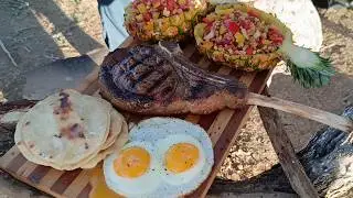 Epic Tomahawk Steak Over Open Fire | Primitive Outdoor Cooking
