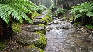Small Stream Beside Mossy Stone Steps &mdash; Soothing Rain and Water Flow Sounds in the Mountain Forest