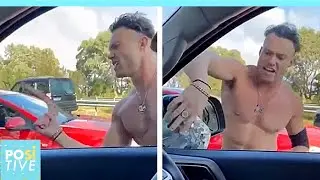 Shirtless man attacks car with a boomerang in Australia