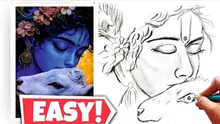 How to draw Lord Krishna with cow | Lord Krishna Janmashtami drawing