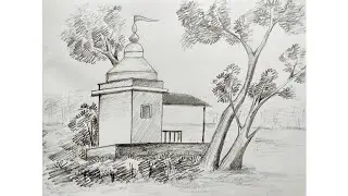 How To Draw Temple And Tree . Scenery Drawing With Temple And Tree. Pencil Sketch Art. Scenery .