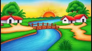 How to Draw Beautiful Village Scenery with River | Step by Step Village Drawing for Beginners
