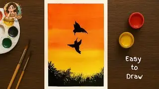 Easy Sunset scenery with birds drawing using watercolor | Relaxing sunset tutorial 