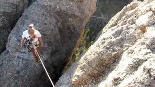 Becky summitting Spire 4 - The Cathedral Spires - The Needles - Custer SP, Black Hills, SD.