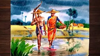 Rainy season scenery drawing with watercolour/Rainy day scenery drawing colour