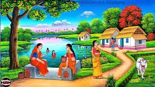 Beautiful Village Landscape Scenery Painting| Indian Village Scenery Painting With EarthWatercolor