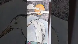 Original Watercolor Painting &ndash; Graceful Heron & Lotus Flowers Under Moonlight