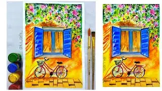 Watercolor painting of beautiful flower tree and window | Tutorial for beginners |
