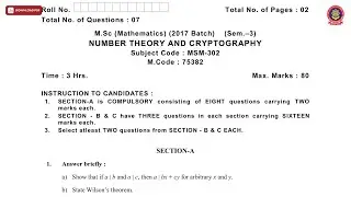 MSC MATHEMATICS 3RD SEM NUMBER THEORY AND CRYPTOGRAPHY MAY 2019 | PTU