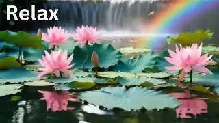 Relaxing Lotus Pond with rainbow & Calming Music – Deep Sleep, Meditation, Yoga & Stress Relief