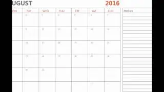 Printable August 2016 calendar with holidays and notes