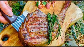 Tomahawk steak sandwich in a beautiful forest!🥩| ASMR Cooking