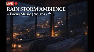 🔴 Cozy Rain & Focus Music 24/7 | 🌧️ Rainy Night Cabin Overlooking Village | Study & Relax