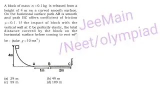 A block of mass m=0.1kg is released  from a height 4m on a curved  smooth surface. On the horizontal