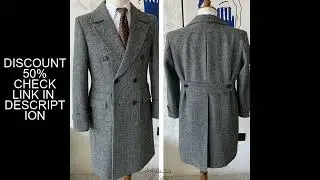 British Retro Men's Long Suit Jacket Herringbone Double Breasted Autumn Winter Thick Polo Coat Wool