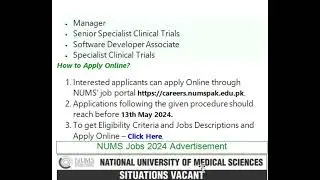 NUMS Jobs 2024 National University of Medical Sciences | Copyright Free | jobs & study information