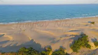 Gelemis, Turkey. Aerial view of Patara Beach with coastal shrubs on sand dunes, Mediterranean Sea...