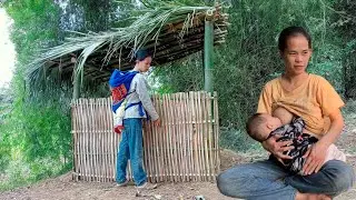 Single Mother Suffers From Making Bamboo Kitchen Wall, Taking Care Of Small Children In Cold Winter