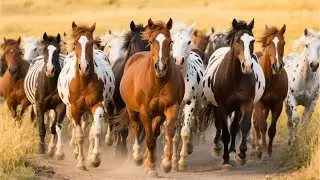 Big, strong horses gallop across the golden meadow - Horse neighing sounds - Horse videos