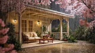 Night Porch with Rain and Cherry Blossoms | Relaxing Rain ASMR Sound for Sleep