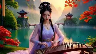 🌸🎶😴 Hanfu Beauty Plays Guzheng by Misty Lake at Sunset  Relaxing Chinese Music & Fantasy 🍁🏯🌅