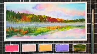 Autumn Pastel Sunset Over a Misty Lake // Watercolor Tutorial