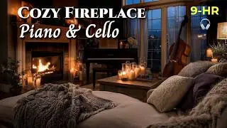 🎹🎻 9 Hours Cozy Night Ambience – Fireplace Sounds with Piano & Cello | 4K Relaxing Music