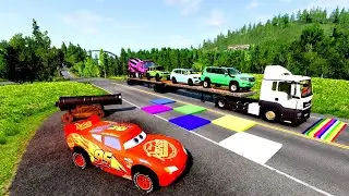Double Flatbed Trailer Truck vs Speedbumps Train vs Cars | Tractor vs Train Beamng.Drive #053
