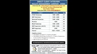 Direct Client Interview in New Delhi | Dubai Facility Management | HVAC, MEP, Electrician & More