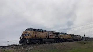 UP 8185 w/ Friendly Crew Leads Southbound Rock Train At Conrads Lane In New Braunfels, TX