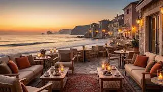 12 HOURS: Cozy Autumn Seaside Cafe Ambience at Sunset | Relaxing 8K Cinematic View