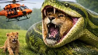 Giant Green Python Attacks Mother Lion  Shocking Rescue by Helicopter