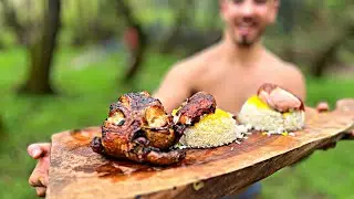 Roast chicken with rice: delicious forest cooking