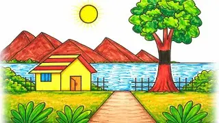 Beautiful Village Scenery Drawing | Easy Nature Art