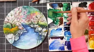 Have You Tried This? Let's Watercolor a Landscape on Round Paper! Relaxing step-by-step tutorial