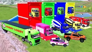 TRANSPORTING COLORFUL CONTAINER, MIXER TRUCK, KARA TRUCK, MERCY POLICE CARS, AMBULACE FS22